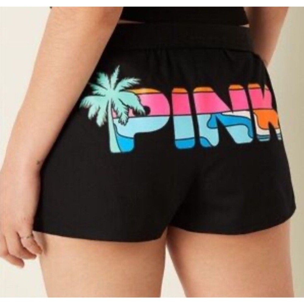 Victoria's Secret PINK Sleep Shorts Black Palm Tree Multi Logo Size Medium Boxer
